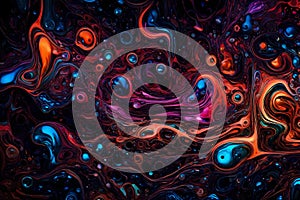 Colorful water bubbles floating in a dark, glowing liquid. Abstract background featuring a vibrant array of bubbles in various photo