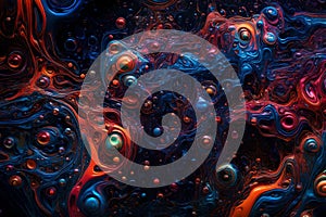 Colorful water bubbles floating in a dark, glowing liquid. Abstract background featuring a vibrant array of bubbles in various photo