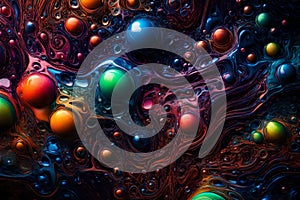 Colorful water bubbles floating in a dark, glowing liquid. Abstract background featuring a vibrant array of bubbles in various photo
