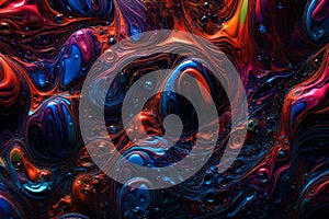 Colorful water bubbles floating in a dark, glowing liquid. Abstract background featuring a vibrant array of bubbles in various photo