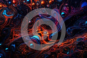 Colorful water bubbles floating in a dark, glowing liquid. Abstract background featuring vibrant bubbles of various colors photo
