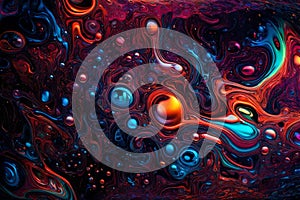 Colorful water bubbles floating in a dark, glowing liquid. Abstract background featuring vibrant bubbles of various colors photo