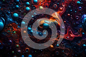 Colorful water bubbles floating in a dark, glowing liquid. Abstract background with vibrant bubbles creating a dynamic and photo