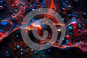 Colorful water bubbles floating in a dark, glowing liquid. Abstract background with vibrant bubbles creating a dynamic and photo