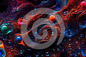 Colorful water bubbles flowing through a dark, glowing liquid. Abstract background featuring a dynamic mix of bubbles in various photo