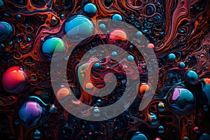 Colorful water bubbles flowing through a dark, glowing liquid. Abstract background featuring a dynamic mix of bubbles in various