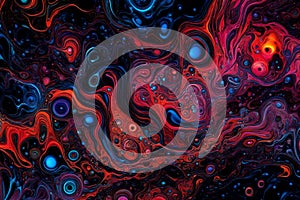 Colorful water bubbles flowing through a dark, glowing liquid. Abstract background featuring a dynamic mix of bubbles in various