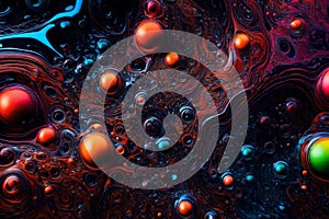Colorful water bubbles flowing through a dark, glowing liquid. Abstract background featuring a dynamic mix of bubbles in various photo