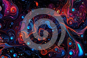 Colorful water bubbles flowing through a dark, glowing liquid. Abstract background featuring a dynamic mix of bubbles in various photo