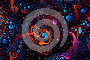 Colorful water bubbles flowing through a dark, glowing liquid. Abstract background showcasing a vibrant array of bubbles in