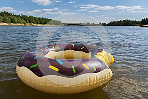 Colorful water doughnut floats on the water in the river against blue cloudy sky and far river bank, overgrown with trees. Focus