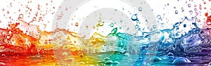Colorful Water Drop Frame on White Background - Abstract Rainbow Bubbles and Splashes in Fluid Long Banner