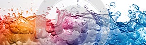 Colorful Water Drop Frame on White Background - Abstract Rainbow Bubbles and Splashes in Fluid Long Banner