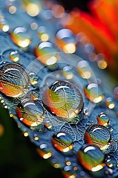 colorful water droplets on flower petal wallpaper background. The liquid spectrum of droplets in macro detail