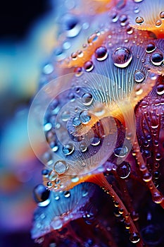 colorful water droplets on flower petal wallpaper background. The liquid spectrum of droplets in macro detail