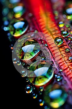 colorful water droplets on flower petal wallpaper background. The liquid spectrum of droplets in macro detail