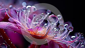 colorful water droplets on flower petal wallpaper background. The liquid spectrum of droplets in macro detail