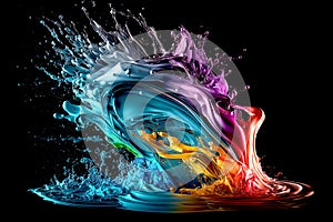 Colorful water droplets and splashes on black background.. Generative AI