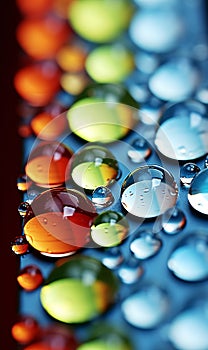 Colorful water drops on a glass surface with a blurred background showing a spectrum of colors in vertical lines