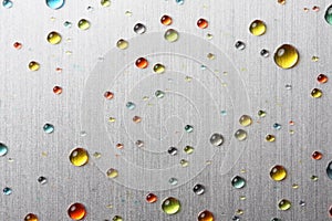 Colorful water drops on metal