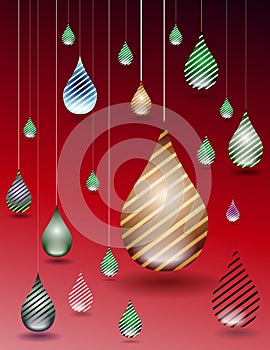Colorful water drops on red background