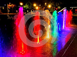 Colorful Water Fountain Jets at Night