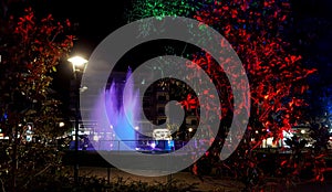 Colorful water fountain in Katerini city park at night