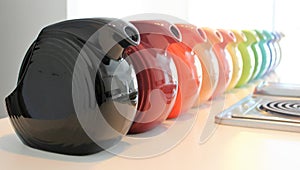 Colorful Water Pitchers on Kitchen Counter