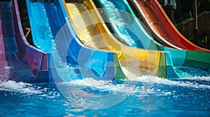 Colorful water slides gleam under the summer sun, offering family fun in the aquapark. Ai Generated