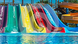 Colorful water slides gleam under the summer sun, offering family fun in the aquapark. Ai Generated