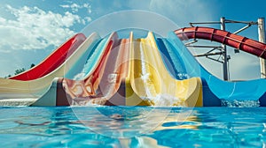 Colorful water slides gleam under the summer sun, offering family fun in the aquapark. Ai Generated