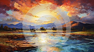 Colorful Water, Sun, And Mountain Scene Painting On Canvas