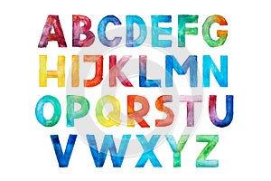 Colorful watercolor aquarelle font type handwritten hand draw abc alphabet letters.