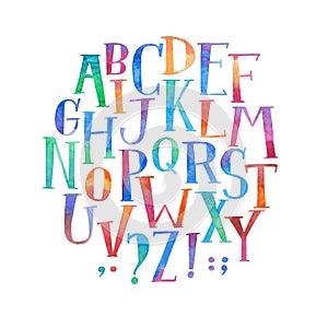 Colorful watercolor aquarelle font type handwritten hand draw abc alphabet letters