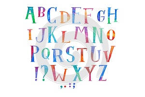 Colorful watercolor aquarelle font type handwritten hand draw abc alphabet letters