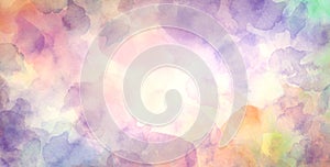 Colorful watercolor background with abstract sky border design, painted pastel pink purple yellow orange blue and green blotches a