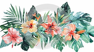 Colorful watercolor banner featuring a variety of tropical flowers and foliage, set against a white background