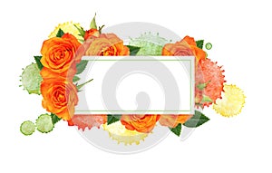 Colorful watercolor blots and a card with orange rose flowers