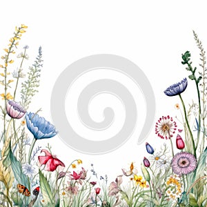 Colorful Watercolor Border Of Wild Flowers And Insects