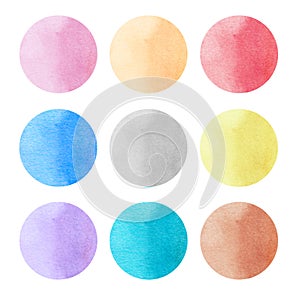 Colorful watercolor circles set. Bright watercolour pattern. Pink, blue, red, yellow, purple, orange, gray on white background