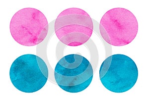 Colorful watercolor circles set. Pink and turquoise abstract round geometric shapes on white background