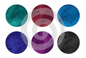 Colorful watercolor circles set. Red, blue, purple, green, black abstract round geometric shapes on white background