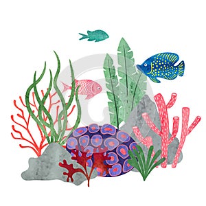 Colorful watercolor coral reef scene with fish.