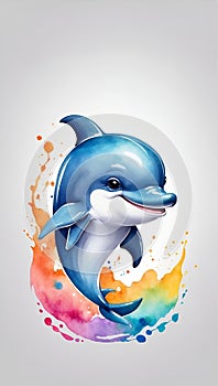 Colorful watercolor cute Dolphin portrait illustration on a white background