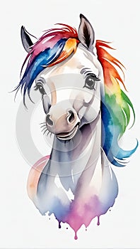 Colorful watercolor cute horse illustration on a white background