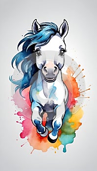 Colorful watercolor cute horse illustration on a white background