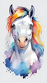 Colorful watercolor cute horse illustration on a white background