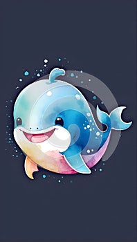 Colorful watercolor cute Whale portrait illustration on a gray background