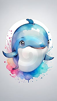 Colorful watercolor cute Whale portrait illustration on a white background