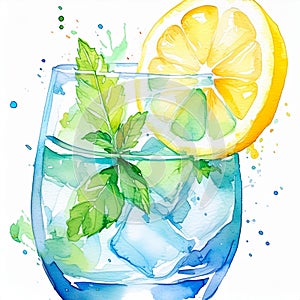 Colorful watercolor depiction of a refreshing beverage with ice and lemon, evoking a sense of coolness